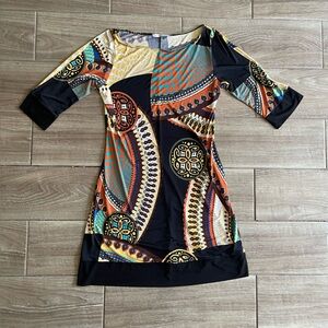 Papillon Blanc Geometric dress Black Yellow Orange size large Lightweight retro